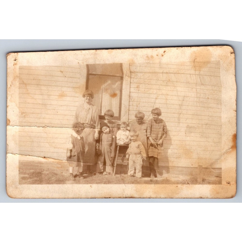 Family Group Portrait 1920s Snapshot Photograph Woman & 6 Children Americana